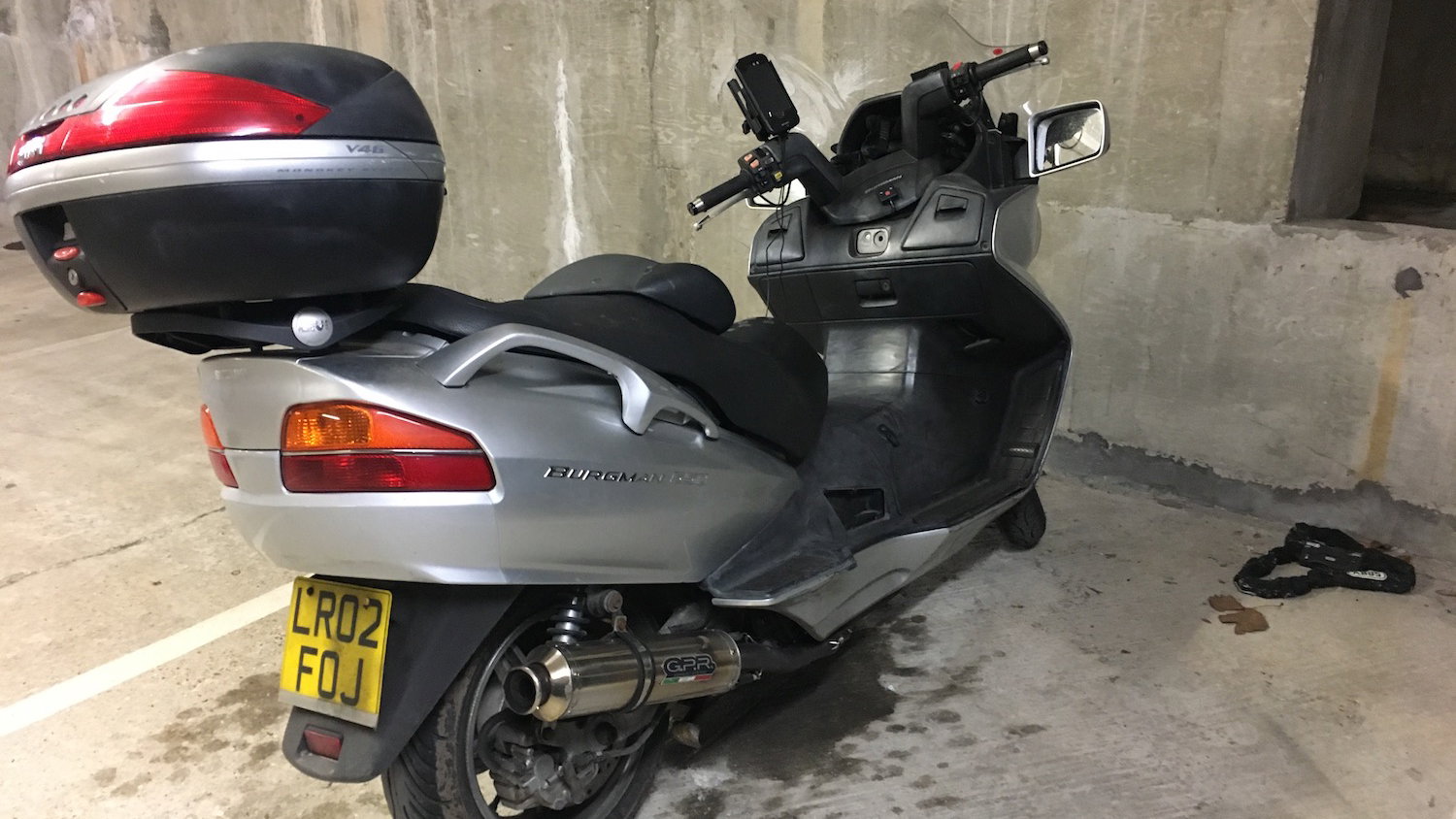 Al's Burgman 650 in the Visordown Towers secure vault